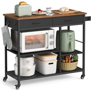 VASAGLE Kitchen Island Cart with Storage, 2 Drawers, Towel Rack, 17.7"D x 38.8"W x 35.4"H, Rustic Brown + Ink Black