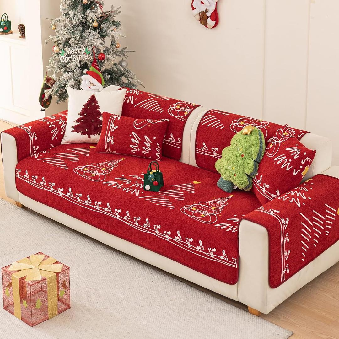 Christmas Couch Covers for Pets Xmas Washable Sofa Covers for Dogs Cats Christmas Tree Sofa SlipCover for 3-4 Cushion Couches Pet-Friendly Santa Furniture Protector Covers for Living Room (35" x 71") (Red)