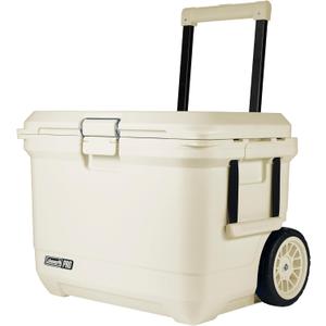 Coleman Pro Heavy-Duty 55qt Wheeled Ultra-Light Premium Hard Cooler, Extra-Thick Insulation Keeps Ice up to 5 Days, 92-Can Capacity, Heavy-Duty Wheels (Desert Sand)