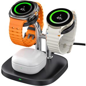 Dual Watch Charger for Samsung Watch, SwanScout 704S, 3 in 1 Wireless Charging Station for Galaxy Watch Ultra/7/6/6 Classic/Galaxy Watch 5 Pro/5/4/3/Active 2, for Galaxy Buds 3 Pro/3/2 Pro (Black)
