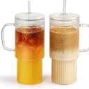 32oz Ribbed Glass Cup with Handle Lid and StrawBorosilicate Glass Tumblers, Iced Coffee Cups Modern Glass Mug Hot/Cold Drinks for Smoothies, Tea, and Juice (clear-2Pack-glass Lid)