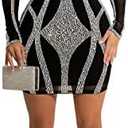 KRICESSEEN Sexy Rhinestone Crystal Mesh Patchwork Sheer Bodycon Dress Womens See-Through Birthday Clubwear Dresses, XXL