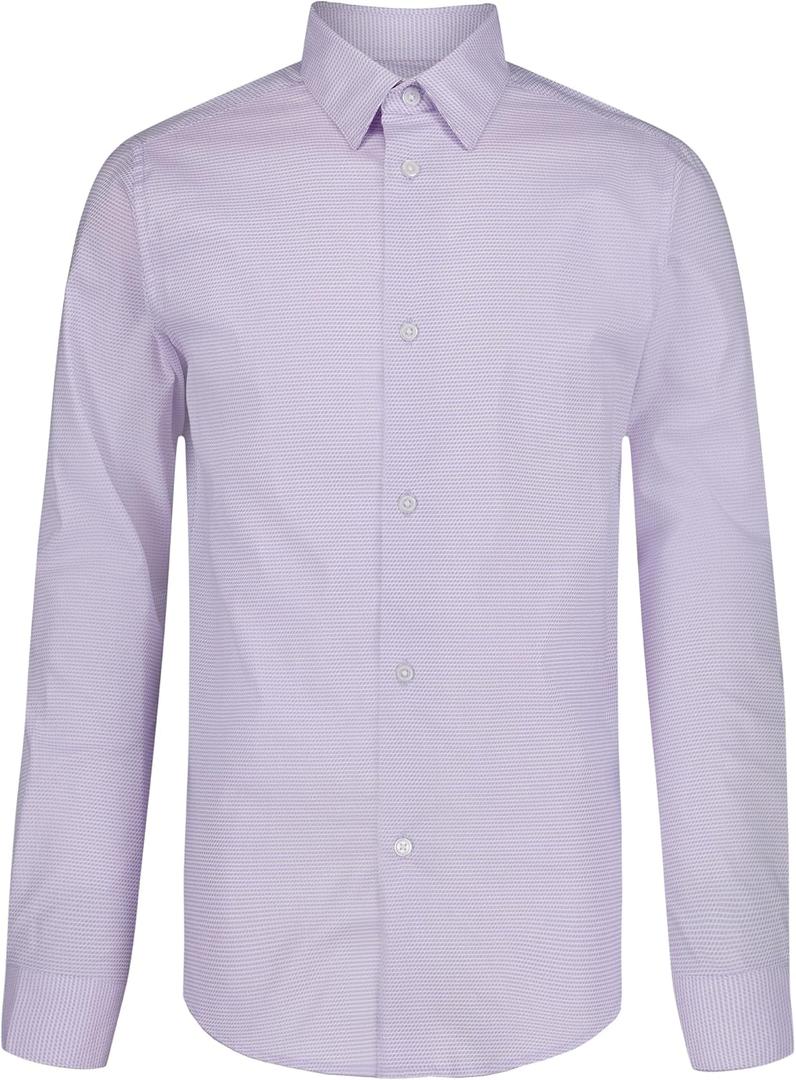 Calvin Klein Boys' Long Sleeve Patterned Dress Shirt, Button-Down Style with Cuffs & Shirttail Hem (Purple)