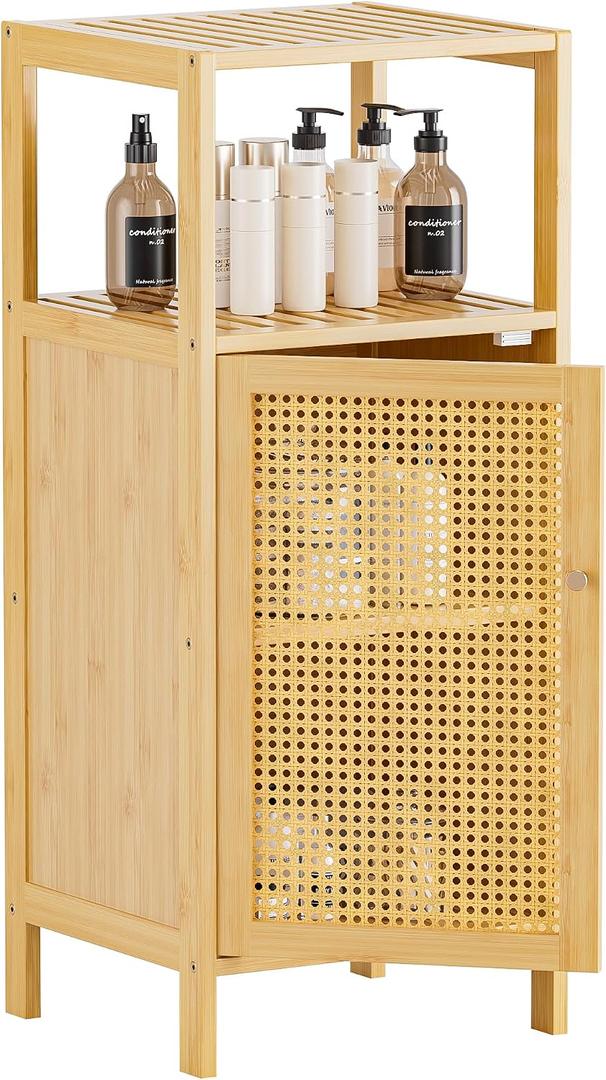 HITNET Bathroom Storage Cabinet Rattan, Small Bamboo Floor Cabinet with Single Door and Open Shelf, Freestanding Narrow Cupboard for Living Room, Kitchen, Entryway, Natural
