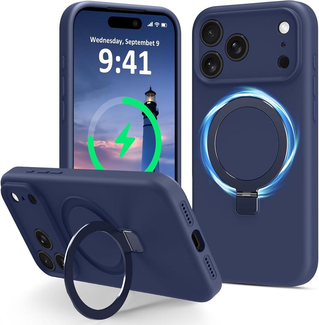 Compatible with iPhone 17 Pro Max Case Stand, Slim Liquid Silicone Phone Case Fit for iPhone 17 Pro Max Compatible with MagSafe Magnetic Ring Kickstand Case Full Camera Protection, Dark Blue