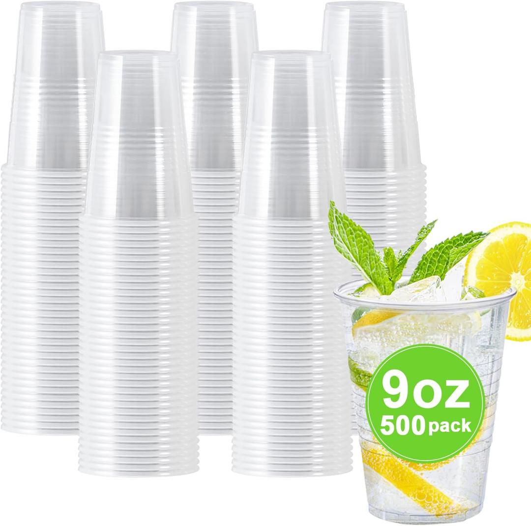 Clawsoff 500 Pack 9 oz Plastic Cups, Disposable Drinking Cups, Water Cups Plastic Clear Cups for Party, Wedding, Graduation, Travel, Holiday, Events, Birthday,Cold,Hot