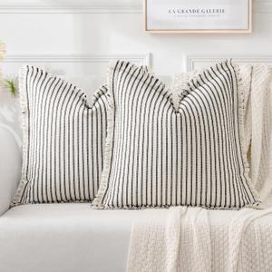 MIULEE Pack of 2 Black Pillow Covers 20x20 Inch Striped Farmhouse Couch Throw Pillow Covers with Fringe Chic Linen Decorative Cushion Covers for Sofa Living Room Bed Outdoor Home Decor