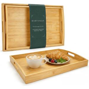 Bamboo Serving Tray Set of 2 with Handles, Nesting Wooden Serving Trays for Food & Drinks, Coffee Table Ottoman Tray for Living Room Decor, Large 16.9" x 12.7" x 1.5" & Small 15.6" x 11.7" x 1.5"