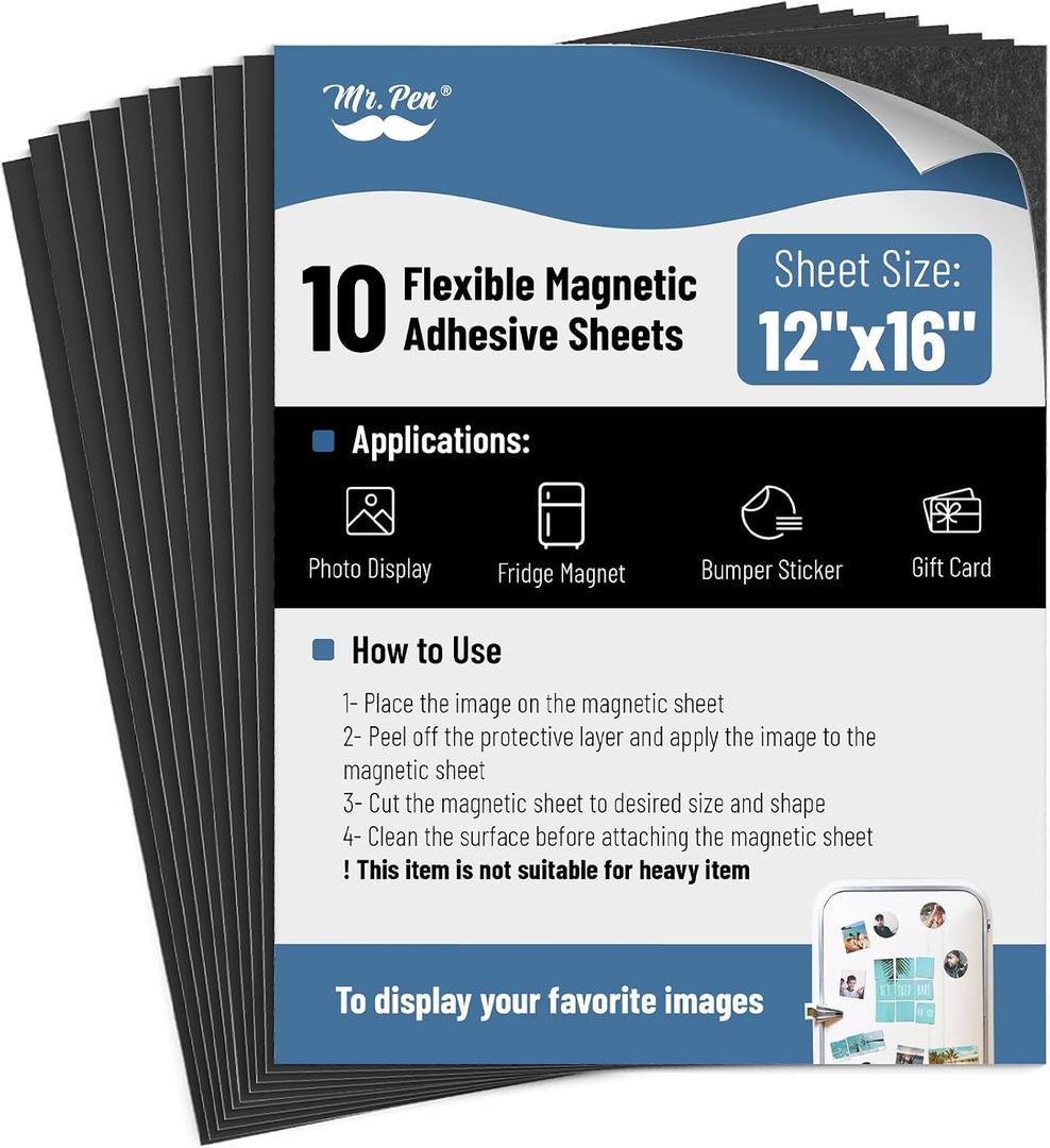 Mr. Pen- Adhesive Magnetic Sheets, 12" x 16", 10 Pack, Cuttable Magnets Flexible Magnet Sheets with Adhesive for Crafts Photos, Classroom Decorations, Easy Peel and Stickers for Planning