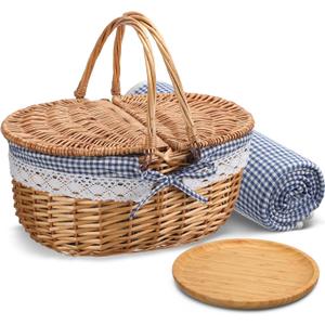 Picnic Basket with Blankets and Bamboo Plates Picnic Supplies Set Basket with Lid and Handle Wicker Picnic Basket Sturdy Woven Body with Washable Lining for Camping(Blue)