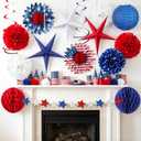 SUNBEAUTY 16PCS 4th of July Decorations Patriotic Party Decor Red White and Blue 3D Paper Star Hanging Swirls Star Garland Tissue PomPom, American Flag Paper Flowers for Independence Day Memorial Day.