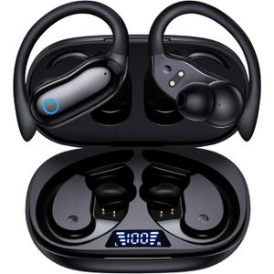 GNMN Active Noise Cancelling Ear Buds Wireless Earbuds 96hrs Playback Bluetooth Headphones Dual Battery Display Stereo Bass Earphones with Earhooks Microphone IPX7 Waterproof Headset for Sports/Gym (Black)
