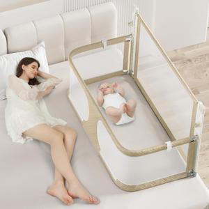 3 in 1 Baby Bedside Sleeper Portable Crib, Foldable Bed Rail for Toddlers, Crib Side Bed with Adjustable Height, Baby Playpen, Suitable for Twin, Full, King & Queen Size Bed (Brown)