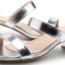 kkdom Round Toe Chunky Heels Sandals-Clear Nude Black Short Heels Two Strap Leather Mule Sandals Slip On Block Heels for Party Dating Daily Work (5.5, Silver)