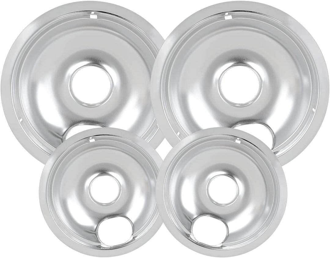 4 Pack Chrome Drip Pans, Compatible with Whirpool Kenmore Frigirate Stove Top Drip Bowls. Include 2 Pcs 6'' Range Replacement Drip Pans and 2 Pcs 8 '' Cooktop Drip Pans (Frigidaire, Silver)