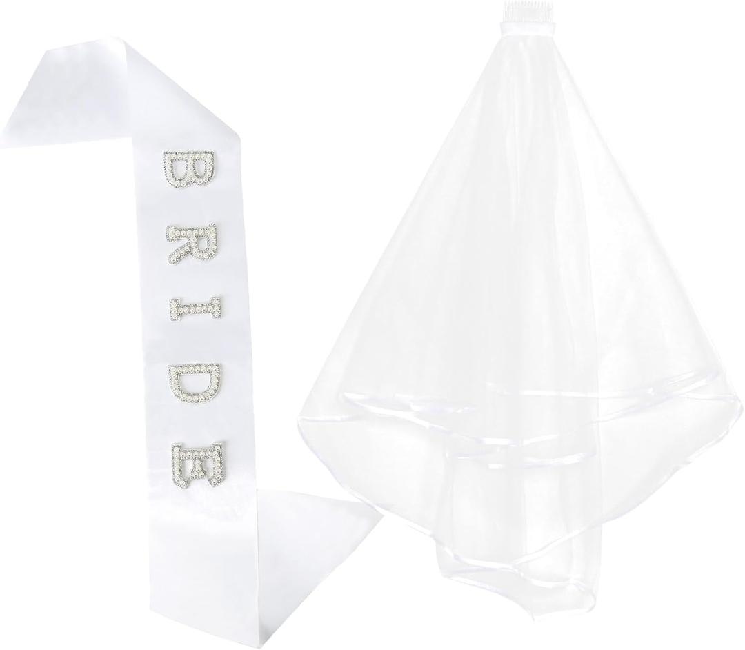 2 x Bride To Be Sash and Veil Set, Pearl Embellished Bride Sash for Bachelorette Party, White Wedding Essentials Accessories