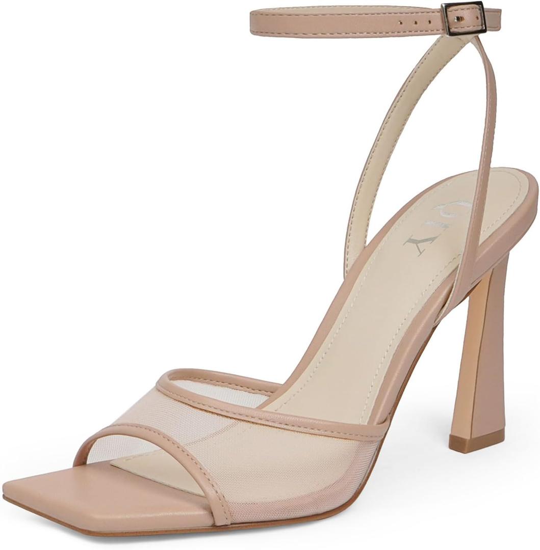 QIY Nude Heels for Women Strappy Stiletto Mesh Heels Square Open Toe Heel 3 Inch Faux Leather Summer Dress High Heel Nude Sandals Size 6