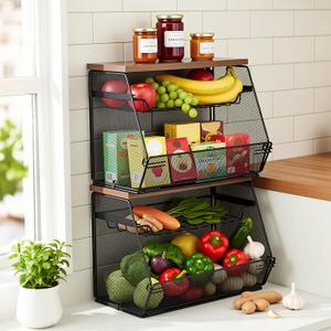 2 Pcs Stackable Fruit Basket with Lid for Kitchen Counter Storage Basket with Drawer Mesh Wall Hanging Wire Baskets with Lid Metal Vegetable Container for Kitchen 13.8 x 8.3 x 9.8''(White)