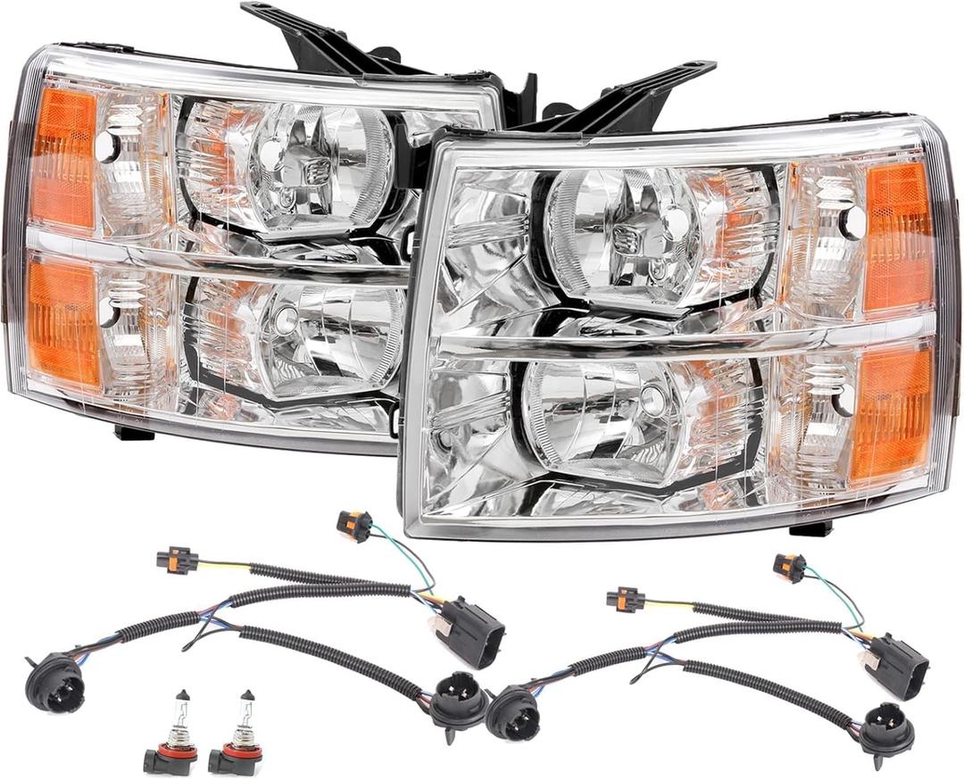 Headlights with Bulb & Wiring Harness compatible with 2007-13 Chevy Silverado 1500, 07-14 Silverado 2500 HD 3500 HD Headlights Assembly Headlamp, Pack of 2 