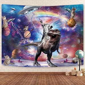 Funny Cat Tapestry, Cool Cat Riding Dinosaur on Fantasy Universe Galaxy Space UFO Tapestries for Boys Kids, Hilarious Animals Anime Cool Tapestry Wall Hanging 60X40 Inches for Bedroom Living Room Dorm Room