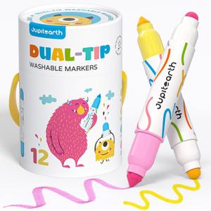 JUPITEARTH Washable Dual Tip Markers for Kids, Broad & Round Tip, Easy-Grip Design for Little Hands, 12 Vibrant Colors Toddler Markers with Portable Case, Ideal Christmas Gift for Kids Toddlers