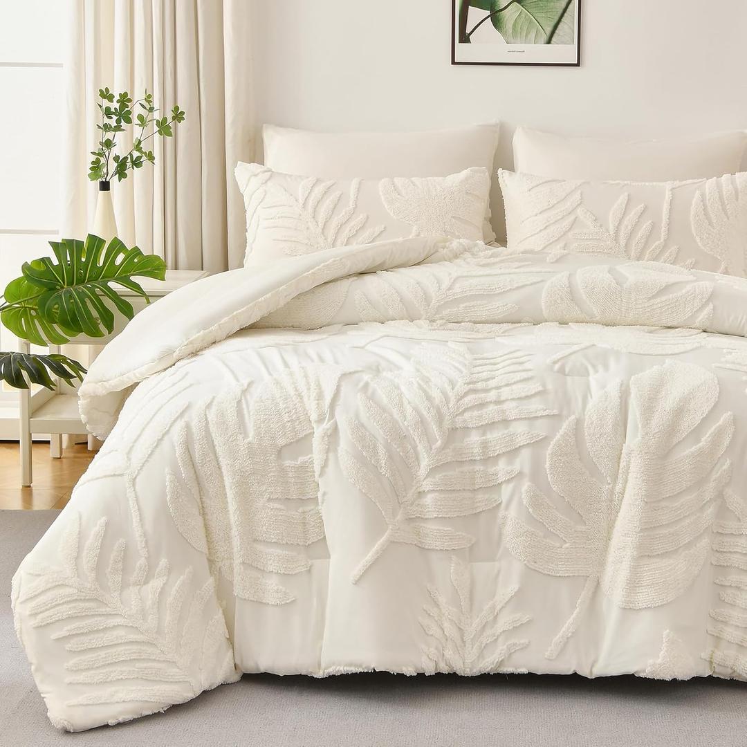 FLYMME Ivory King Comforter Set,Boho Soft Warm Tufted Neutral Bed in a Bag,Lightweight Fluffy All Seasons Bedding with Botanical Palm Leaf Pattern,3 Pieces (Comforter&2 Shams)