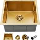 15x15 Inch Gold Drop In Bar Sink, Single Bowl Top Mount Handmade Wet Bar Prep RV Sink, 18 Guage Stainless Steel Outdoor Small Kitchen Sinks with Drain Strainer
