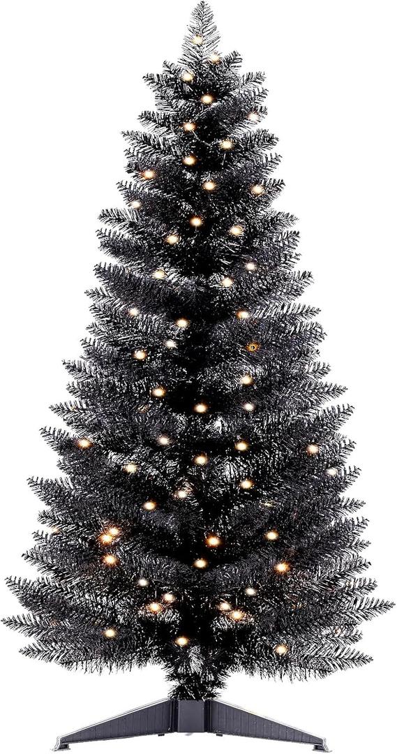 Santanelo 4ft Lighted Halloween Black Christmas Tree, Artificial Christmas Tree with Lights,Small Snowy Artificial Xmas Tree for Home, mini Table Tree not pre lite,Shops and Holiday Decoration