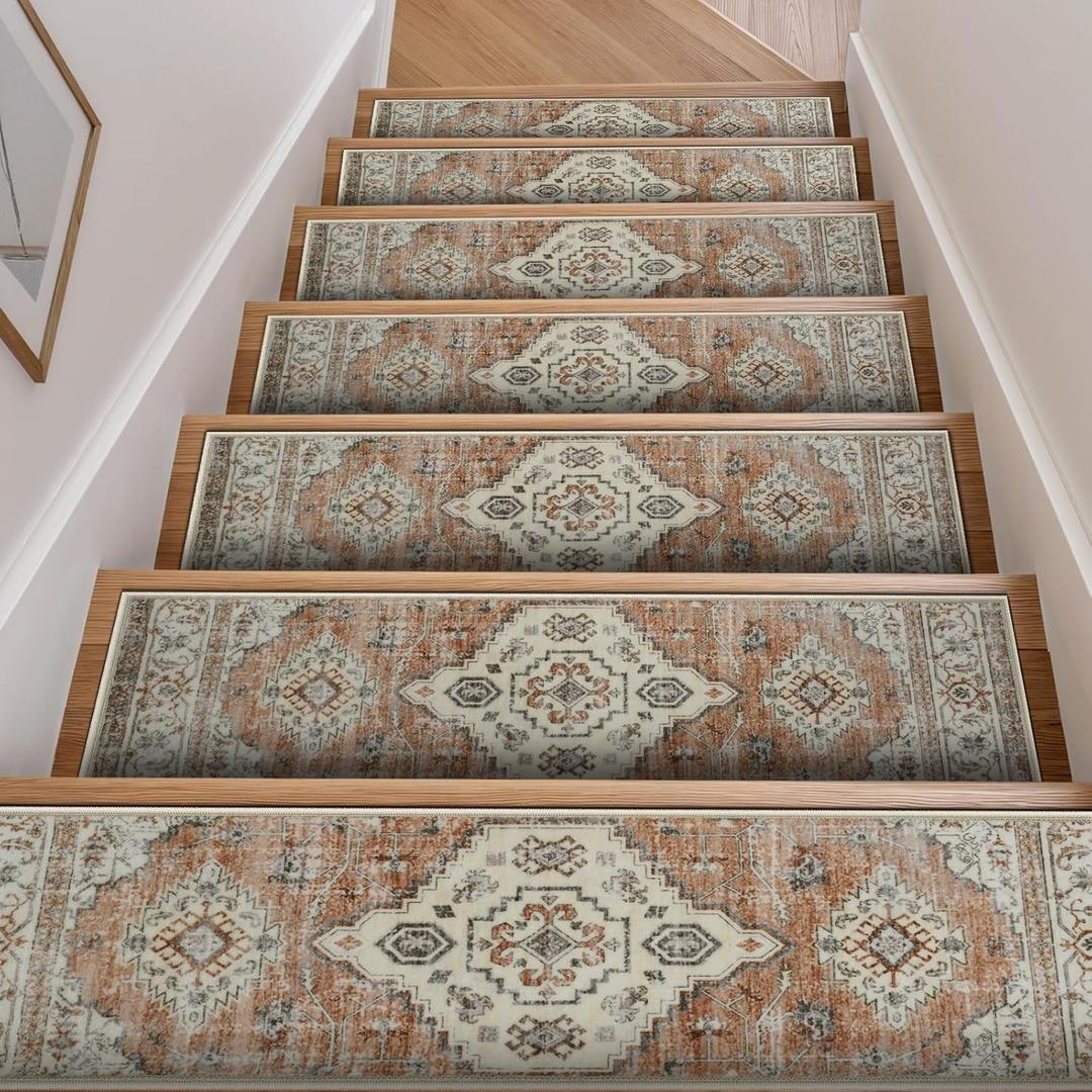 OJIA Stair Treads Non-Slip Carpet Stair Treads for Wooden Steps Indoor 15PCS 30"x8" Soft Washable Stairway Edging Stair Runner Stair Mats Staircase Step Treads for Kids Pets Elders, Beige