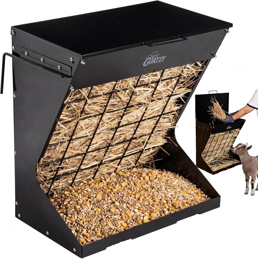 Wall Mount Hay Feeder for goats, Covered Hay Feeder for horses with Roof, 2in1 25 gallon hay rack & Grain, Hanging hook on fence mount, Galvanized Steel goat hay Feeder for Sheep Cattle - Black