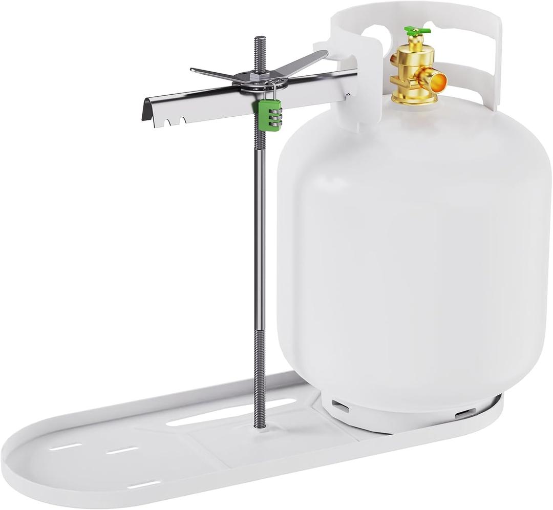 RVMATE RV Dual Propane Tank Mounting Rack with Locking Device for 20 lb Tanks, White, Dual RV Propane Tank Cylinder Rack with Lock for Travel Trailer Hitch Frame