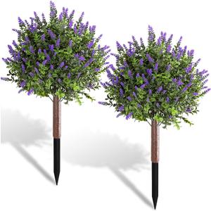 Pertivery 2 Pack Artificial Lavender with Boxwood Topiary Ball23.6" UV Resistant Artificial Shrubs with Ground Spikes, Indoor and Outdoor Fake Evergreen Tree for Porch, Garden, Front Door Decoration