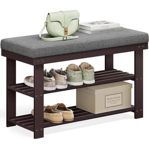 SONGMICS Bamboo Shoe Bench, 3-Tier Shoe Rack Organizer for Entryway, Living Room, Bench Seat Holds Up to 300 lb, 11.9 x 28.3 x 19.2 Inches, Rustic Walnut and Slate Gray ULBS604CG