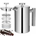 Meelio French Press Coffee Maker, 600ml/20oz Silver Stainless Steel Coffee Press, Double-Wall Insulated, Food Grade & Rust-Free, Included 2 Extra Filters, Dishwasher Safe