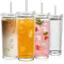 WERTIOO 20 Oz Ribbed Glass Tumblers with Straw and Lid, Glassware Drinking Glasses Set of 4, Leak Proof Ice Coffee Cups Reusable, Thickened Glass, Ideal for Iced Coffee, Smoothies and Juices