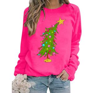 Christmas Sweatshirts for Women Cute Christmas Tree Graphic Long Sleeve Shirt Xmas Holiday Party Pullover Blouse (XX-Large, Rose)