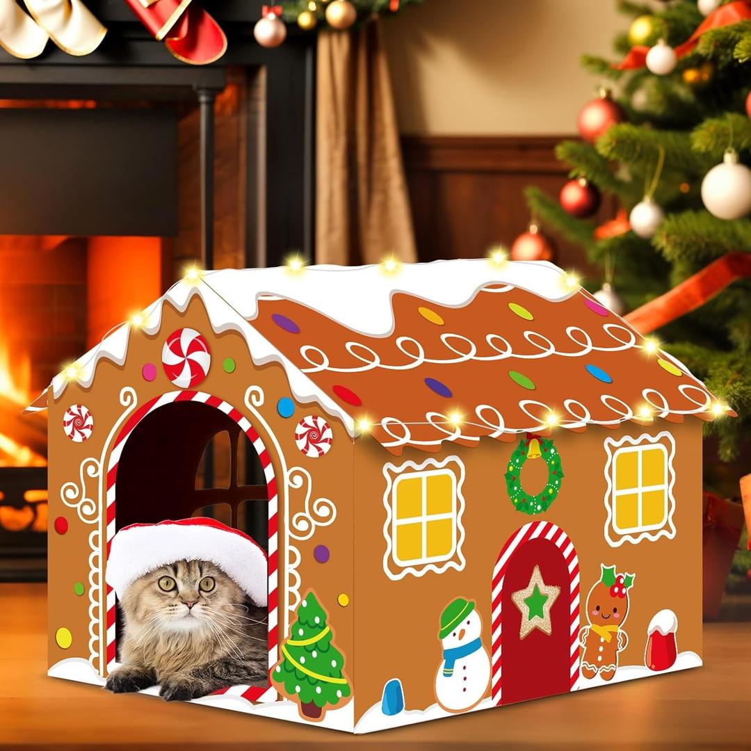 Christmas Cardboard Cat House with LED Light Scratching Pad Gingerbread Cat Playhouse Xmas Kitten Den 15.7"x 13.4"x12.6" Scratcher Box Scratching Board Bed Cave Playhouse for Indoor Cats