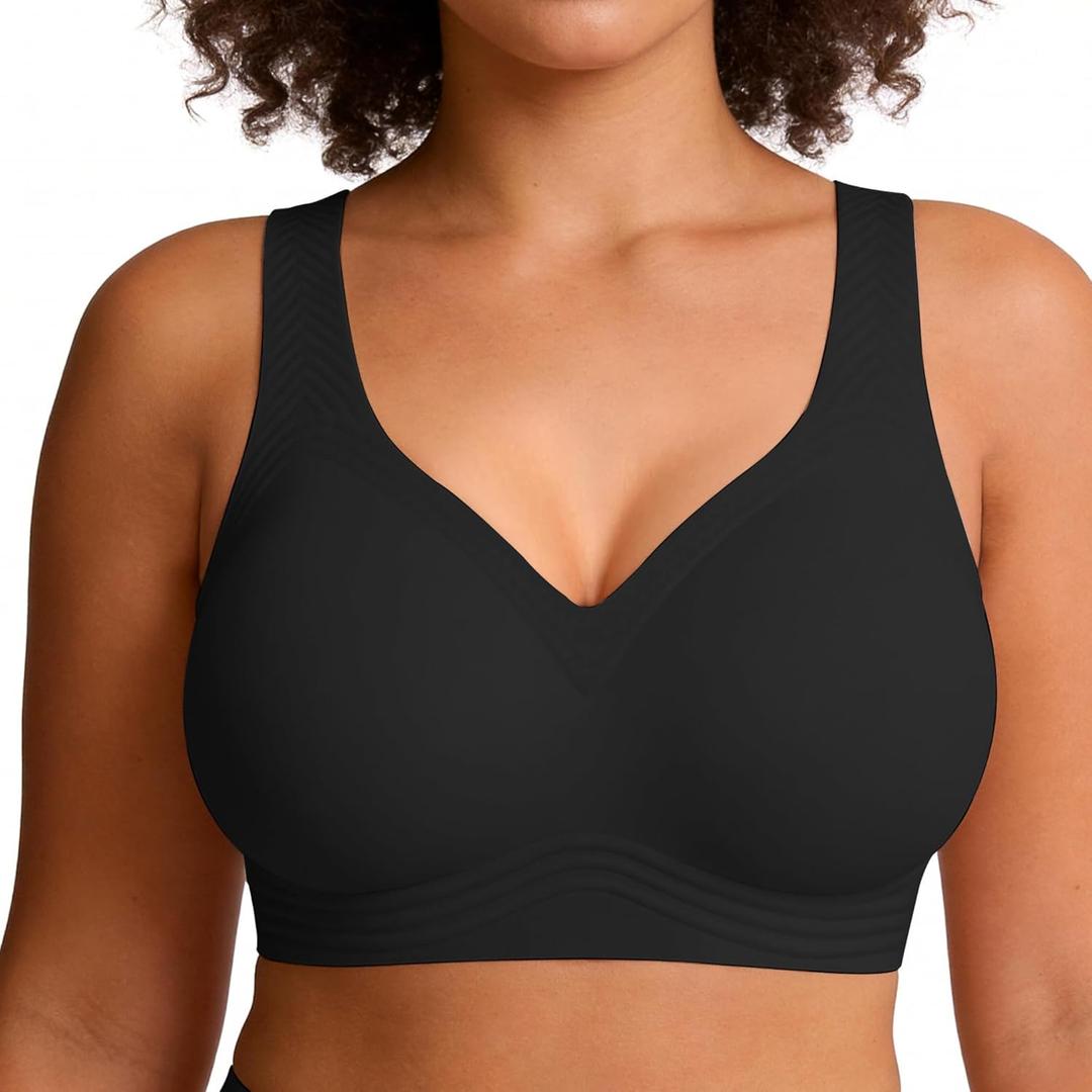 Jelly Wireless Bra Seamless Push Up Full Coverage Supportive Everyday Sport T-Shirt Bra Regular & Plus Size (XX-Large, Black)