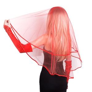 Brimekichio Red Veil and Gloves for Women, 2 Tier Red Veil Long FingerlessOpera Gloves Halloween Accessories for Women Cosplay
