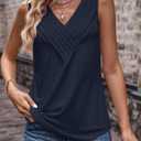 Womens V Neck Tank Tops Loose Fit Pleated Work Dressy Casual Tanks Summer Sleeveless Shirts (S)