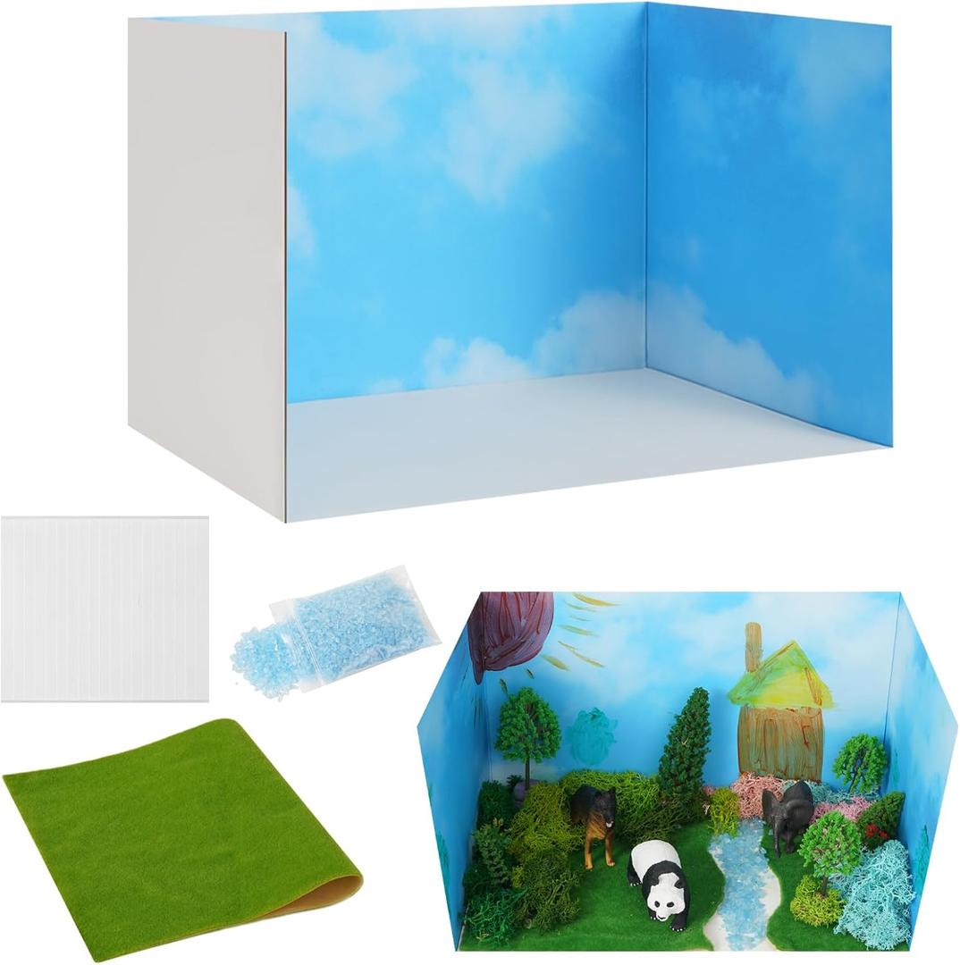 Cardboard Diorama Kit 4 Pcs Includes Diorama Box for Display Artificial Grass with Double-Sided Tapes Blue Sand Ideals for DIY Crafts