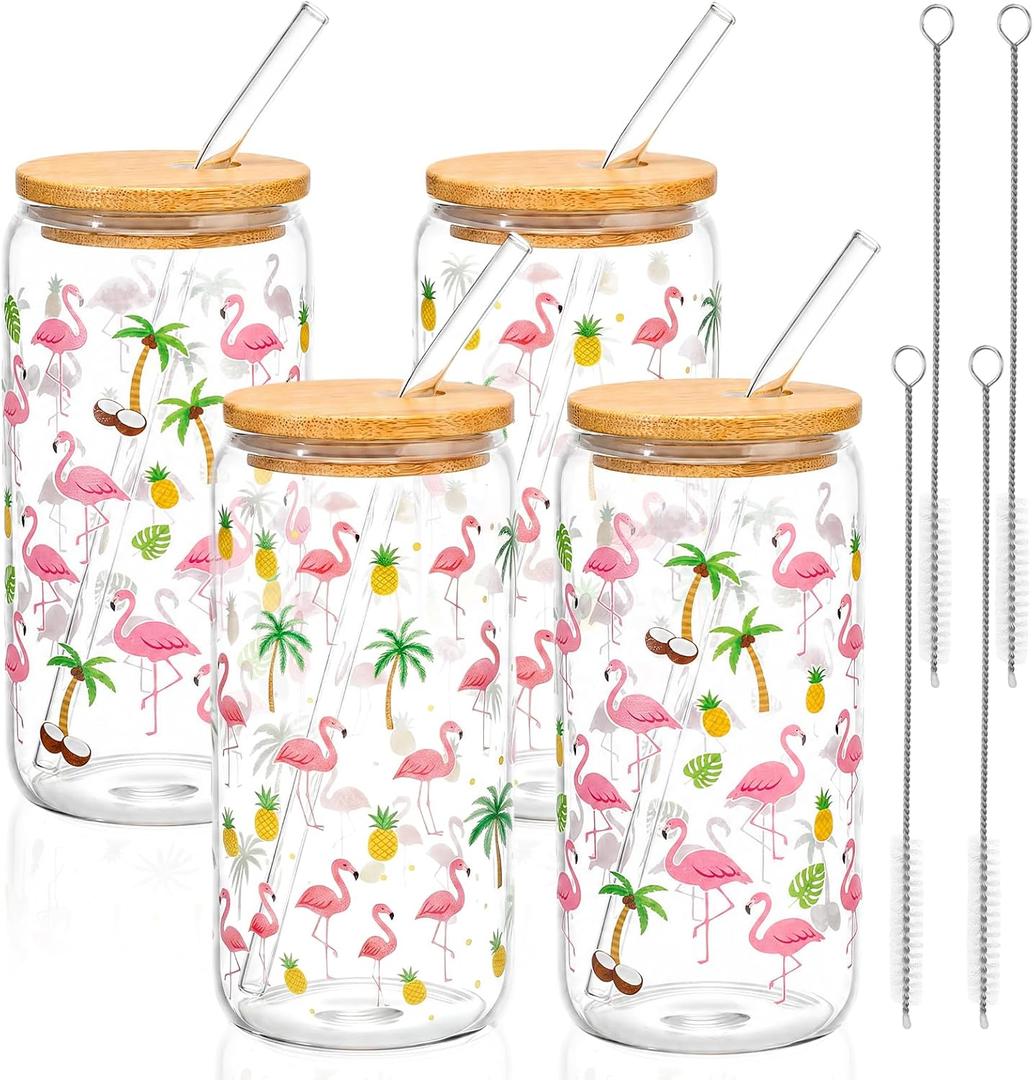 4 Pack Flamingo Glass Cups with Lids and Straws 16 oz Hawaiian Flamingo Coffee Cup Aesthetic Drinking Glass with Cleaning Brushes for Summer, Birthday, Bridesmaid Gifts, about 5.91x 2.76 inch/ 15 x 7 cm, 16 oz