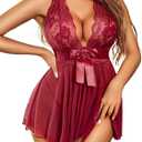 Avidlove Lingerie for Women Lace Babydoll Chemise Halter V Sexy Sleepwear with Garter Belt (Small, Dark Red)