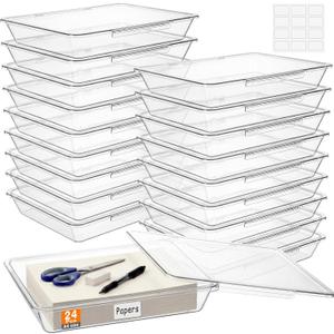 Tinlade 24 Pcs Classroom Paper Storage Bins with Lids, Clear, 13x10in