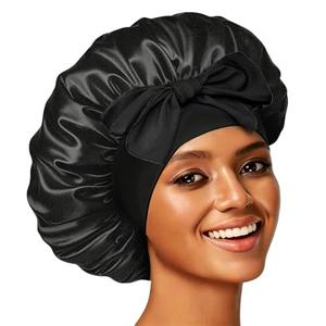 Confvrter Silk Bonnet Satin Bonnet for Sleeping Large Bonnets with Tie Band Hair Wrap with Adjustable Straps Hair Cap for Women Curly Black