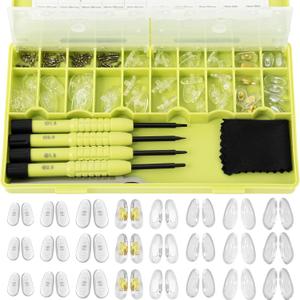 Eyeglass Nose Pads Replacement, 24 Pairs of Screw-in Glasses Nose Pads with Precision Screwdriver Set, Magnetic Eyeglass Repair Kit with Screws, Curved Tweezer for Travel, Birthday Gift, Christmas (Green)