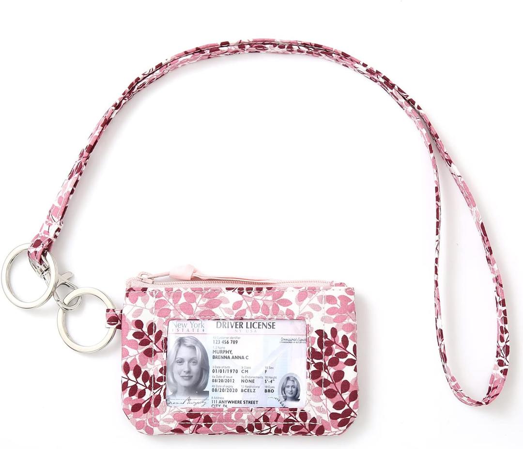 WONDERFUL FLOWER Lanyard Wallet for Women, ID Card Holder, Lanyards for ID Badges, Floral Zip ID Case Keychain Small Coin Purse Cards, Cash, Work, Travel, Cruise, Teachers, Students, Kids, Pink Leaves