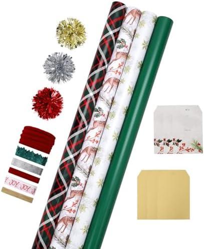 LaRibbons Christmas Wrapping Paper Sets, Classic Reindeer & Plaid Design With Ribbons & Gift Tags & Metallic Pom Pom, Perfect for Xmas, Holiday Party, 30Inch × 10Feet（ 4 Rolls: 100 Sq.Ft.Ttl）