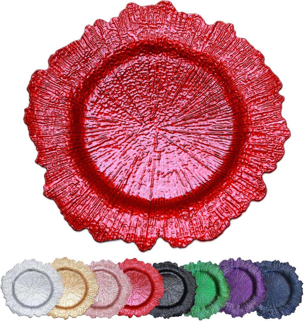 Red Reef Charger Plates 13inch, Set 10PCS Plastic Floral Charger Plates Wedding for Dinner,Wedding,Party,Event,Decoration(Reef Red 10)