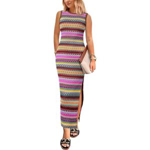 PRETTYGARDEN Womens Maxi Tank Spring Dress Sleeveless Crew Neck Striped Side Slit Casual Long Bodycon Dresses (M)